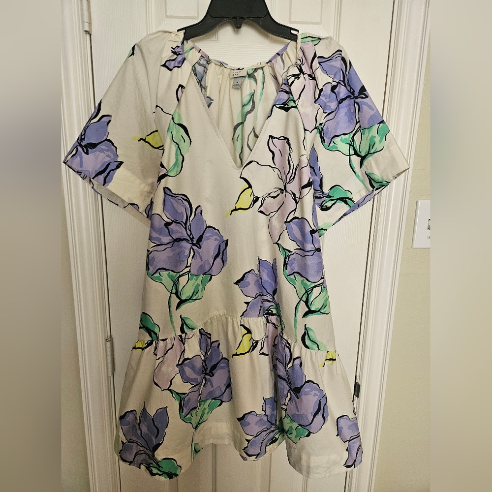 Women's Flutter Short Sleeve Mini Poplin Dress - White/Purple Floral